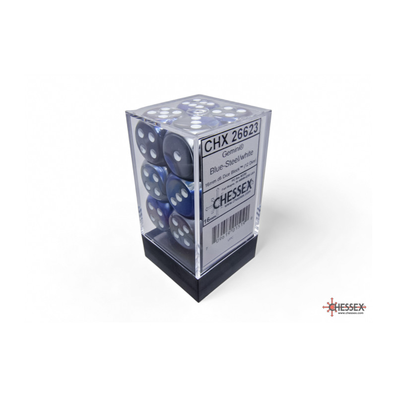 RSL Gaming AB | Gemini 16mm d6 Blue-Steel/white Dice Block (12 dice)