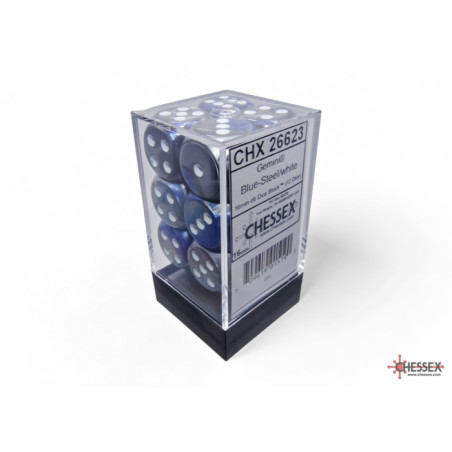 RSL Gaming AB | Gemini 16mm d6 Blue-Steel/white Dice Block (12 dice)