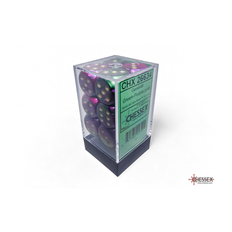 RSL Gaming AB | Gemini 16mm d6 Green-Purple/gold Dice Block (12 dice)