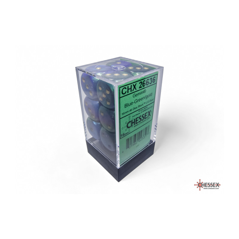 RSL Gaming AB | Gemini 16mm d6 Blue-Green/gold Dice Block (12 dice)