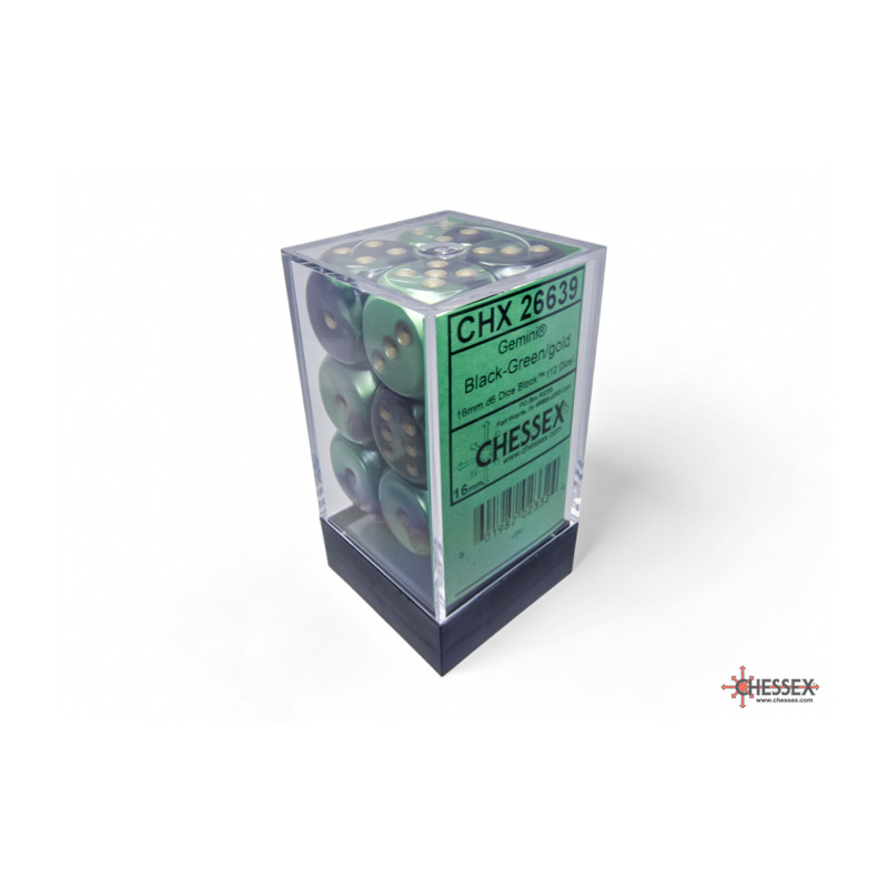 RSL Gaming AB | Gemini 16mm d6 Black-Green w/gold Dice Block (12 dice)