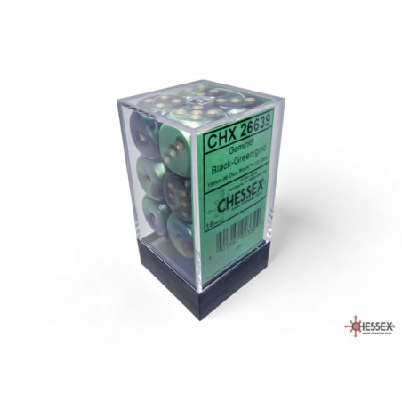 RSL Gaming AB | Gemini 16mm d6 Black-Green w/gold Dice Block (12 dice)