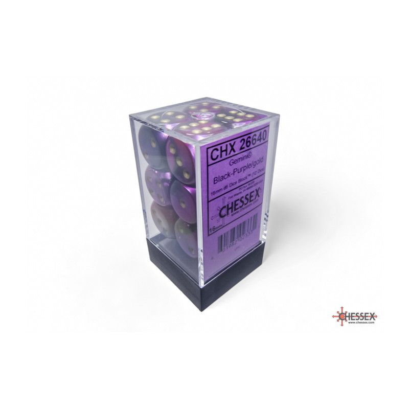 RSL Gaming AB | Gemini 16mm d6 Black-Purple w/gold Dice Block (12 dice)