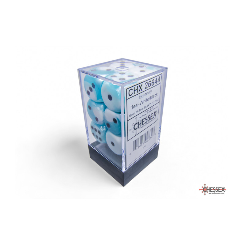 RSL Gaming AB | Gemini 16mm d6 Teal-White/black Dice Block (12 dice)