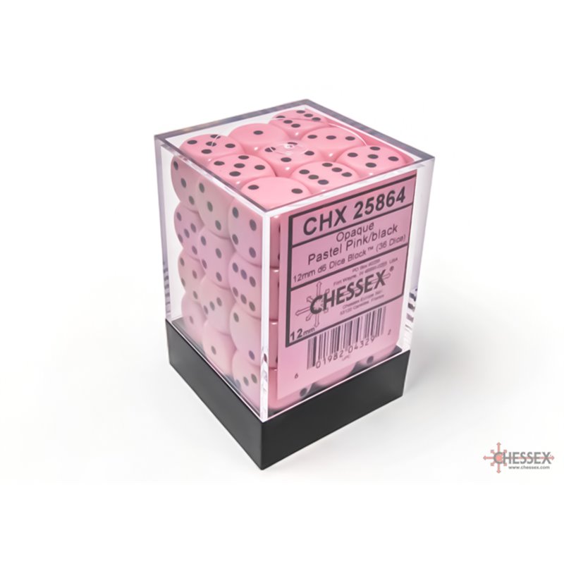 Opaque 12mm d6 Pastel Pink/black Dice Block (36 dice)
