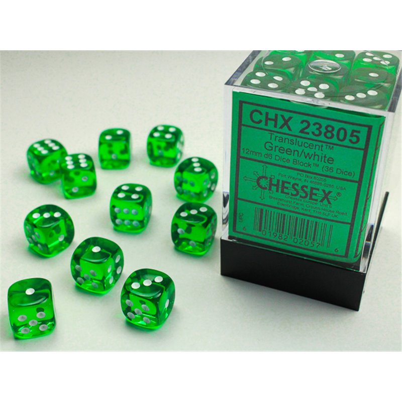 RSL Gaming AB | Translucent 12mm d6 Green/white Dice Block (36 dice)