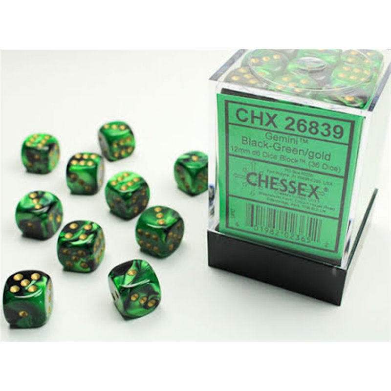 RSL Gaming AB | Gemini 12mm d6 Black-Green w/gold Dice Block (36 dice)