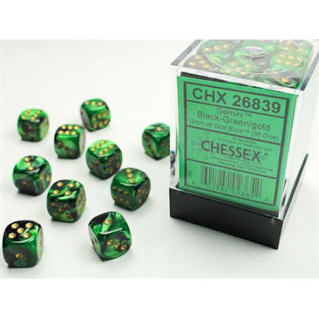 RSL Gaming AB | Gemini 12mm d6 Black-Green w/gold Dice Block (36 dice)