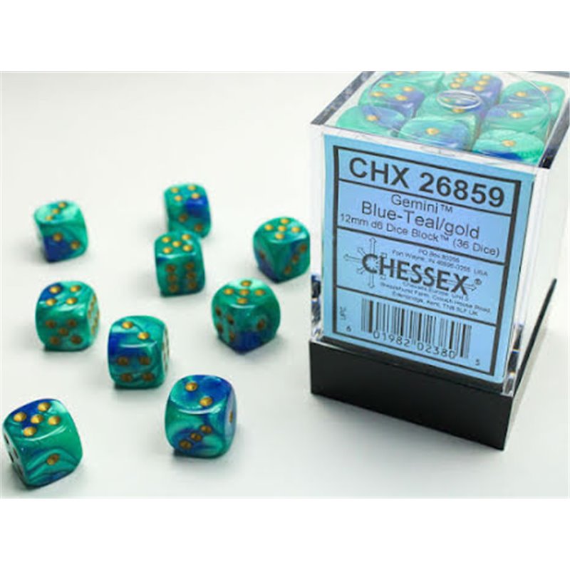 RSL Gaming AB | Gemini 12mm d6 Blue-Teal/gold Dice Block (36 dice)