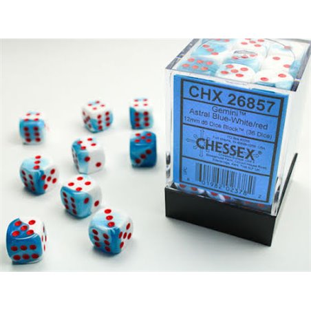 RSL Gaming AB | Gemini 12mm d6 Astral Blue-White/red Dice Block (36 dice)