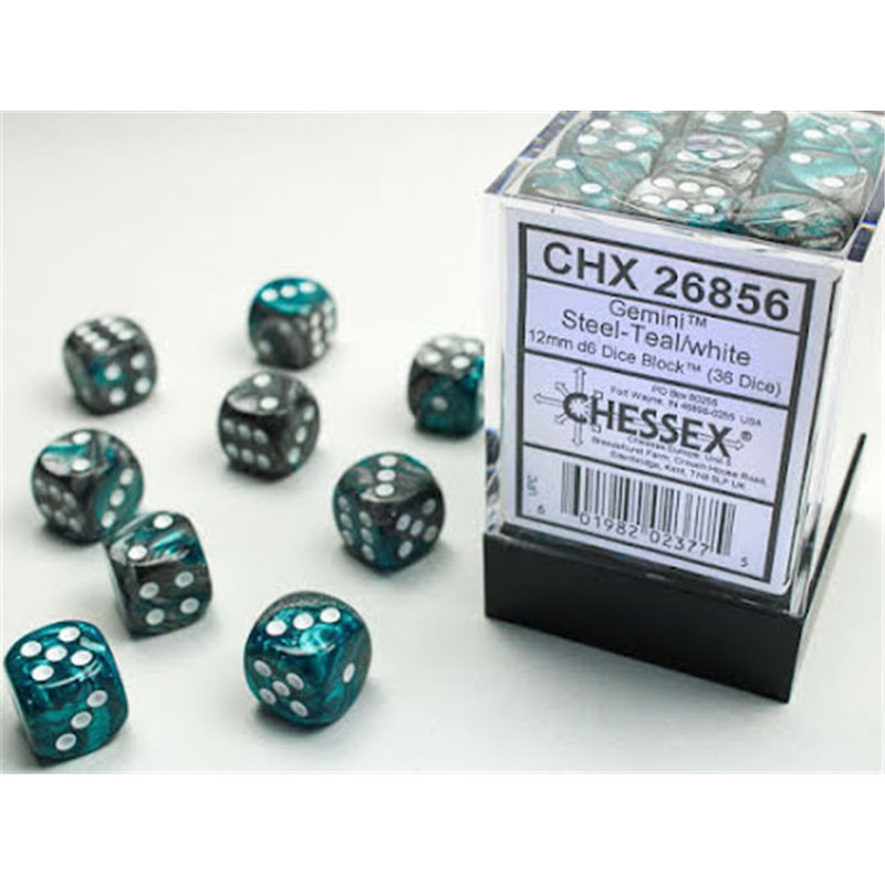 RSL Gaming AB | Gemini 12mm d6 Steel-teal/white Dice Block (36 dice)