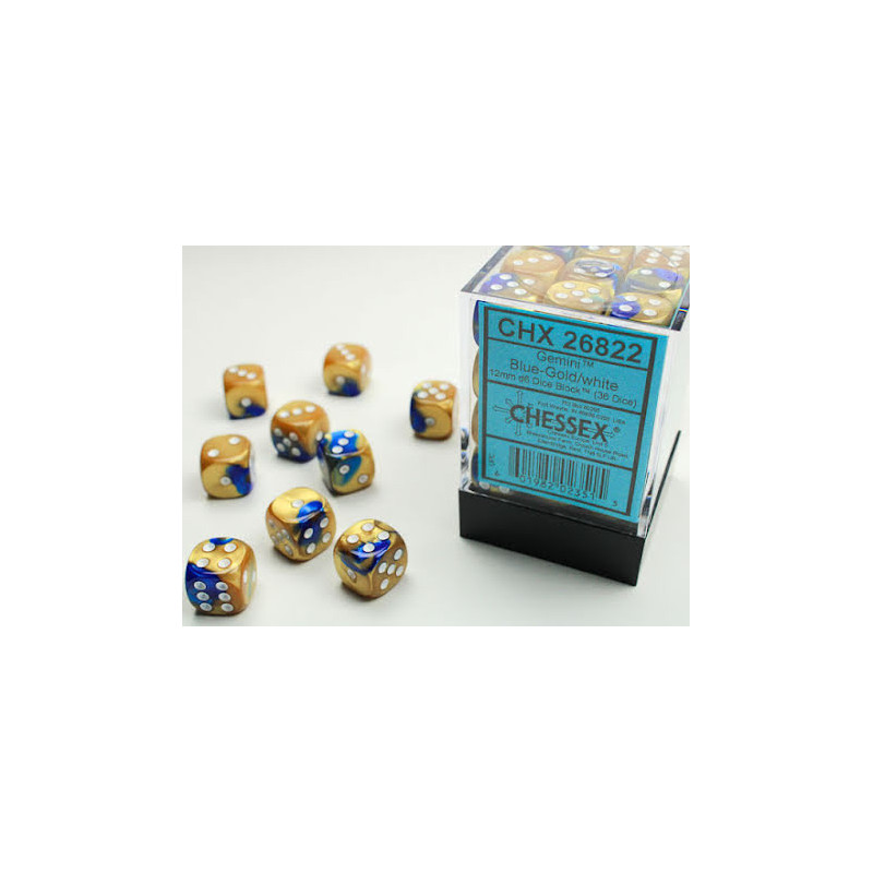 RSL Gaming AB | Gemini 12mm d6 Blue-Gold/white Dice Block (36 dice)