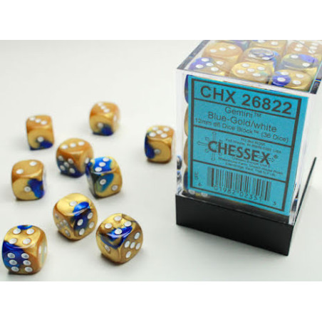 RSL Gaming AB | Gemini 12mm d6 Blue-Gold/white Dice Block (36 dice)