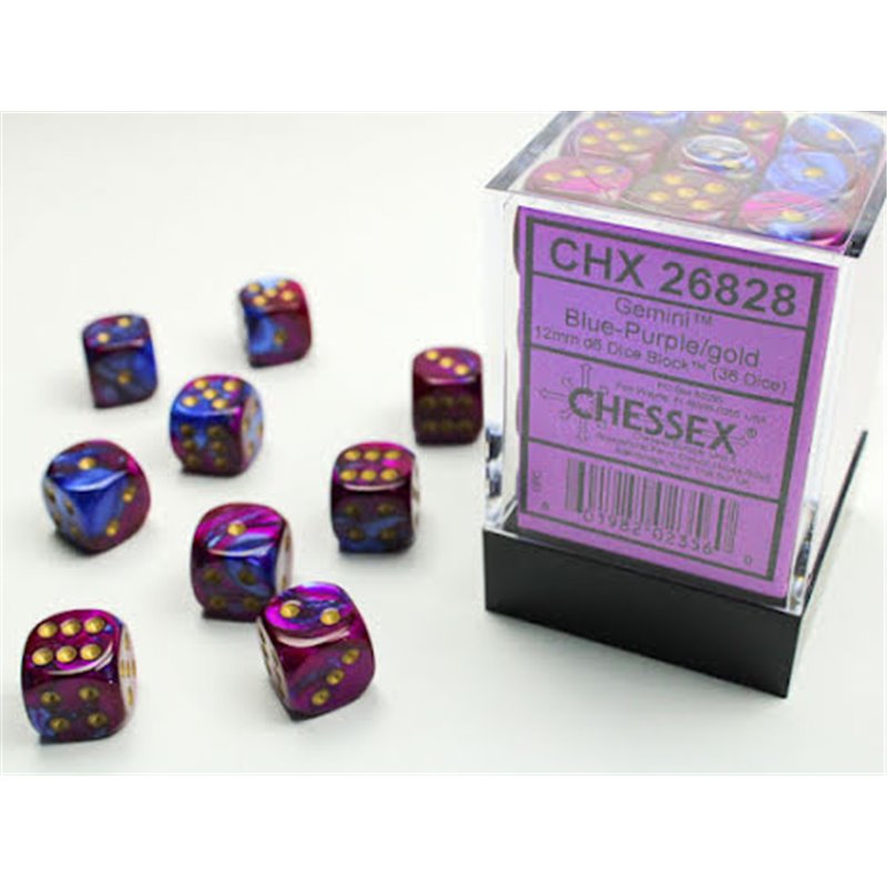RSL Gaming AB | Gemini 12mm d6 Blue-purple/gold Dice Block (36 dice)