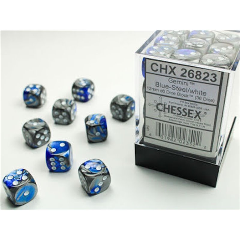 RSL Gaming AB | Gemini 12mm d6 Blue-Steel/white Dice Block (36 dice)