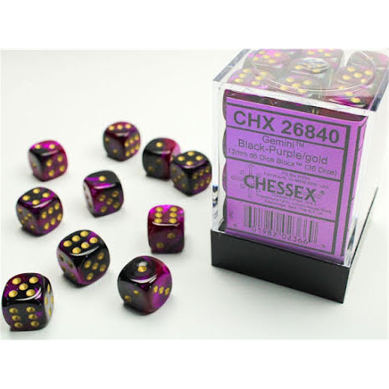 RSL Gaming AB | Gemini 12mm d6 Black-Purple/gold Dice Block (36 dice)
