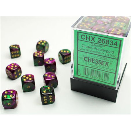 RSL Gaming AB | Gemini 12mm d6 Green-Purple/gold Dice Block (36 dice)