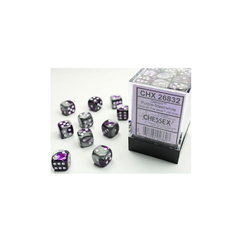 RSL Gaming AB | Gemini 12mm d6 Purple-steel/white Dice Block (36 dice)