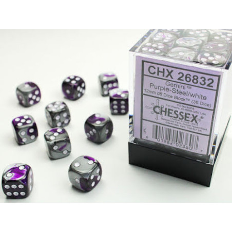 RSL Gaming AB | Gemini 12mm d6 Purple-steel/white Dice Block (36 dice)