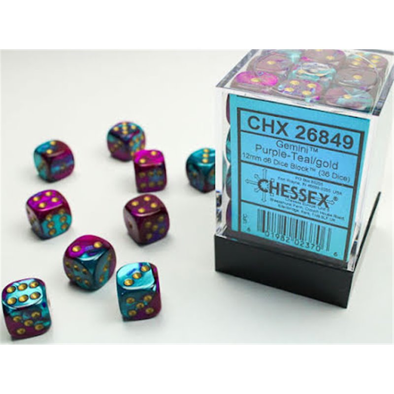 RSL Gaming AB | Gemini 12mm d6 Purple-teal/gold Dice Block (36 dice)