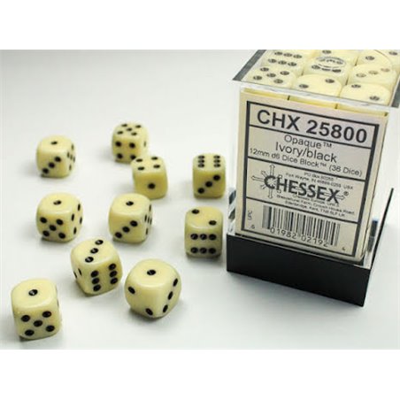 RSL Gaming AB | Opaque 12mm d6 Ivory/black Dice Block (36 dice)