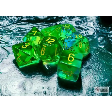 RSL Gaming AB | Gemini Translucent Green-Teal/Yellow Polyhedral 7-Die Set