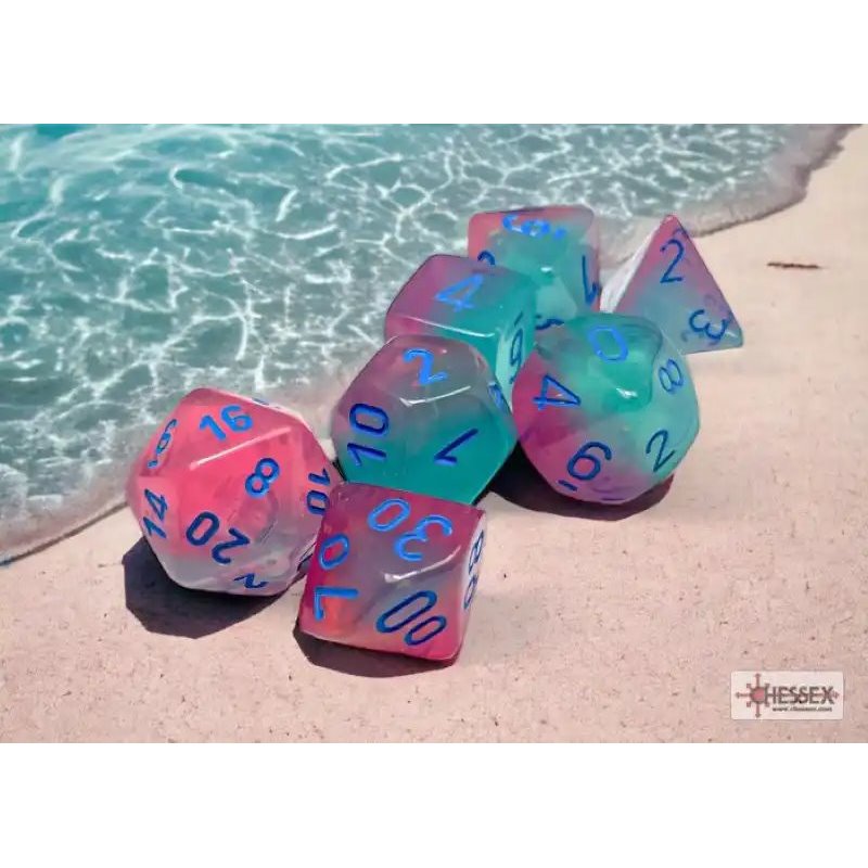 RSL Gaming AB | Gemini Gel Green-Pink/Blue Luminary Polyhedral 7-Die Set
