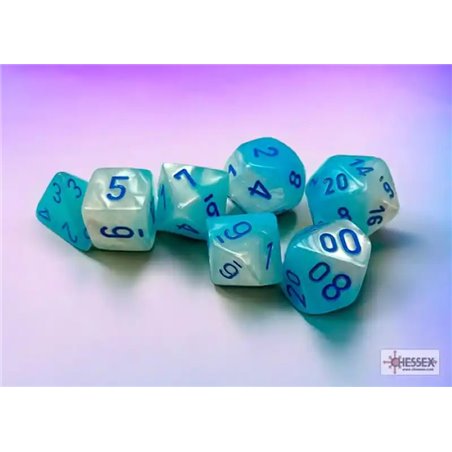 RSL Gaming AB | Gemini Pearl Turquoise-White/Blue Luminary Polyhedral 7-Die Set