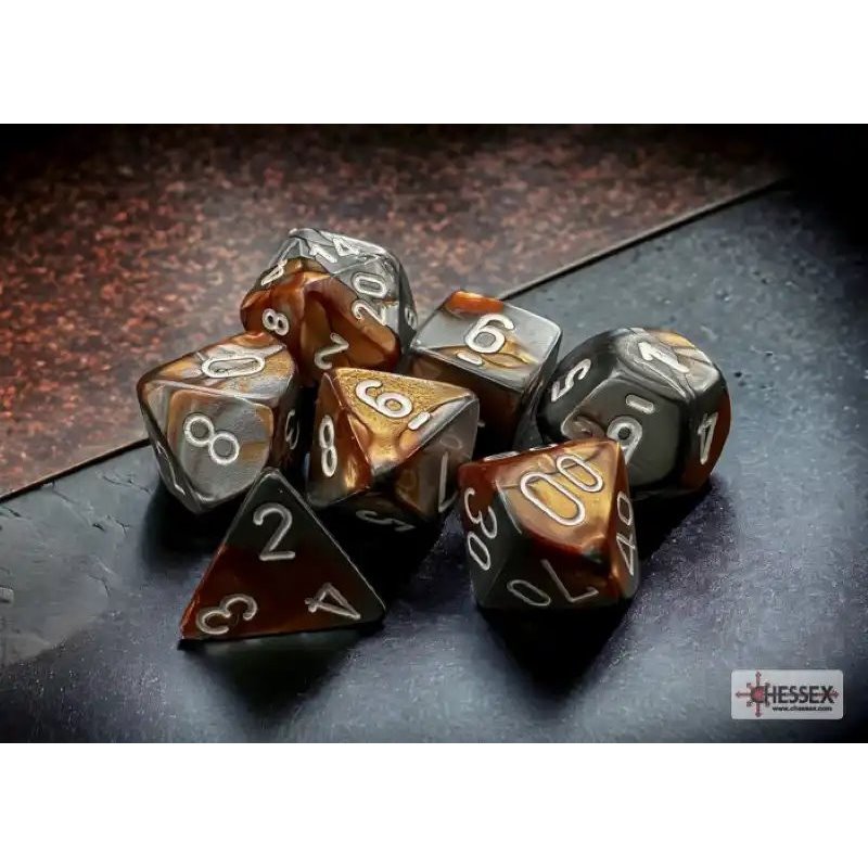 RSL Gaming AB | Gemini Copper-Steel/White Polyhedral 7-Die Set