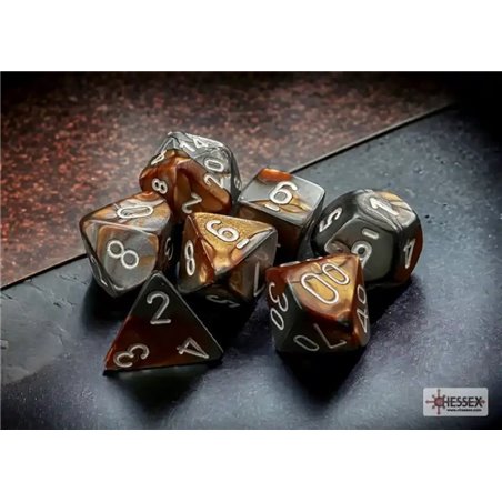 RSL Gaming AB | Gemini Copper-Steel/White Polyhedral 7-Die Set